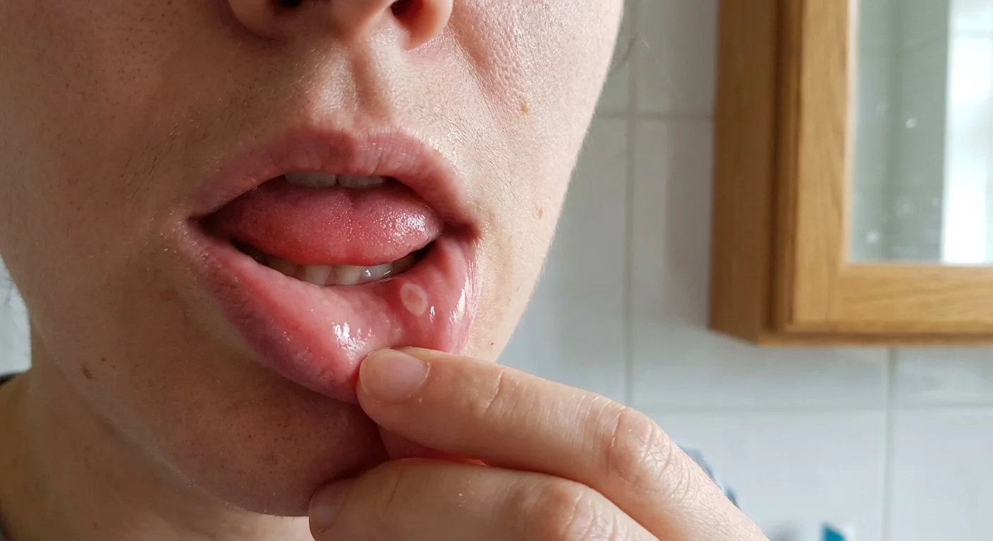 A close-up photograph of a mouth ulcer and a smooth, red tongue, which are common physical signs of B12 deficiency.