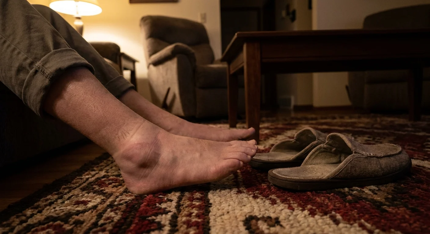 A close-up photograph of swollen ankles resting on a rug, with a faint mark from a sock visible on the skin.