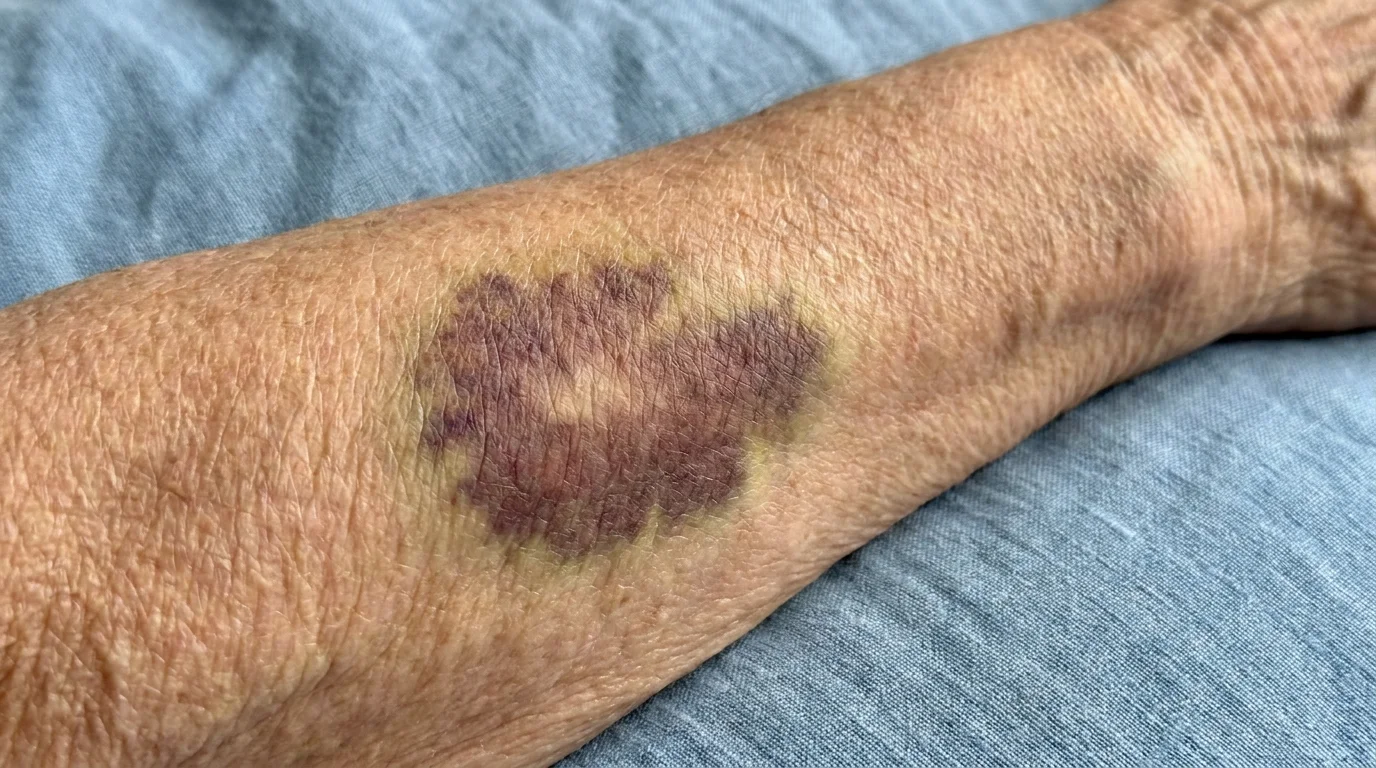A close-up photograph showing extensive bruising on a person's forearm.