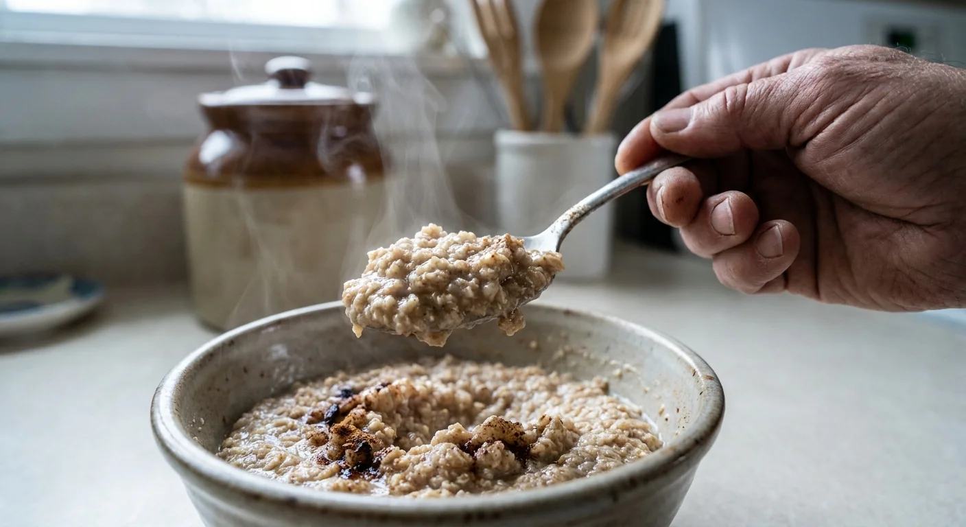 A close-up shot of a spoon lifting a bite of steaming, textured oatmeal from a ceramic bowl.