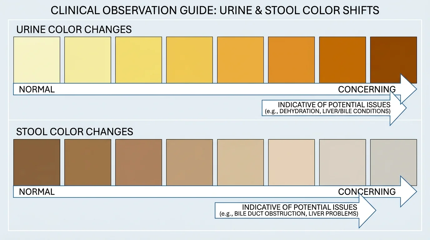 A comparison chart showing the range of urine and stool colors from normal to those indicating potential liver issues.