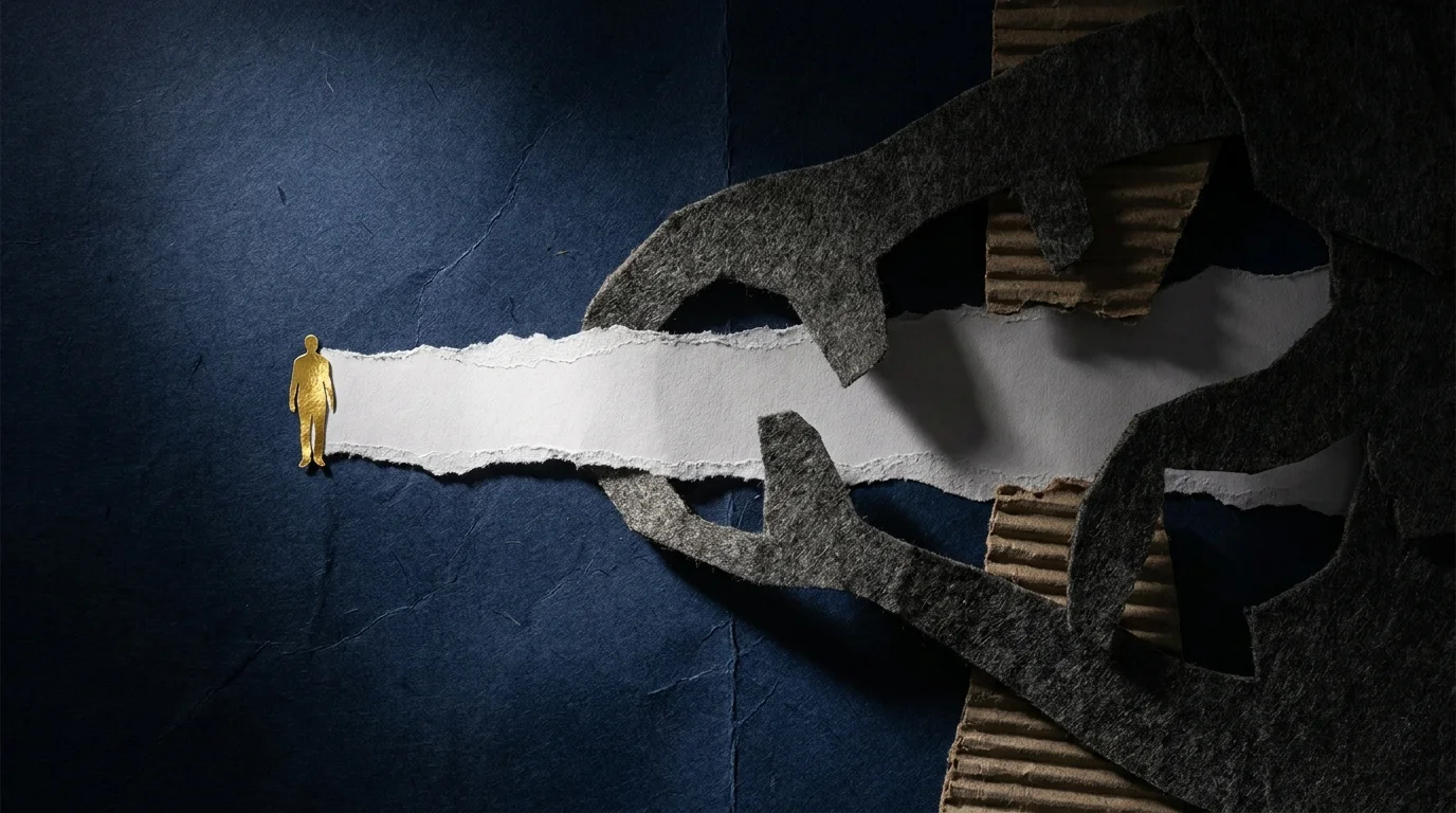 A conceptual collage showing a tiny golden figure on a narrow white path surrounded by large dark shadows.