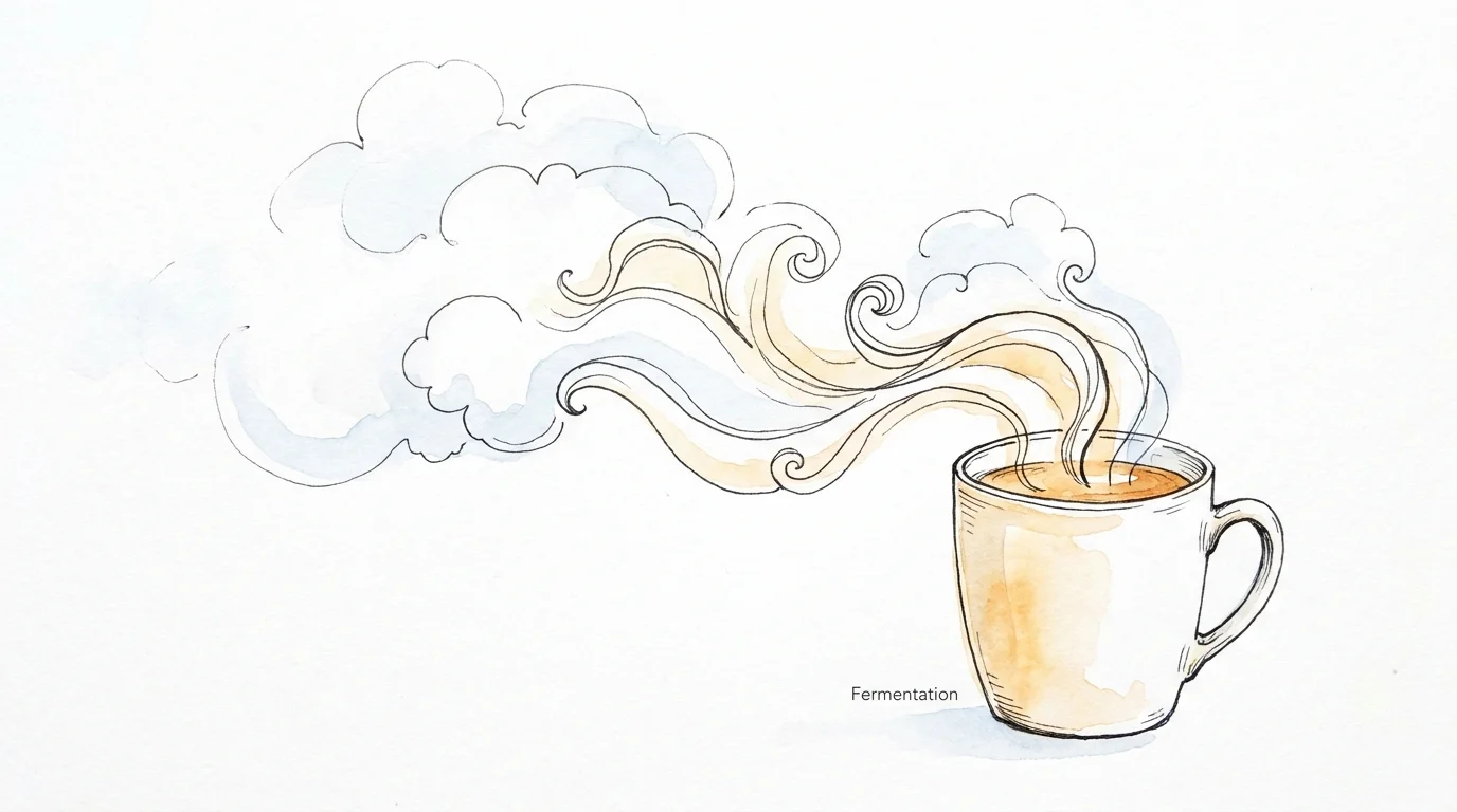 A conceptual ink drawing of a tea mug with swirling steam, metaphorically representing gas and fermentation.