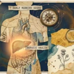A conceptual mixed media collage featuring a human silhouette with a glowing liver area and vintage-style medical and clock elements.