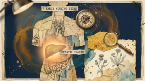 A conceptual mixed media collage featuring a human silhouette with a glowing liver area and vintage-style medical and clock elements.