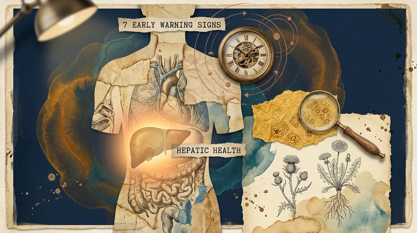 A conceptual mixed media collage featuring a human silhouette with a glowing liver area and vintage-style medical and clock elements.