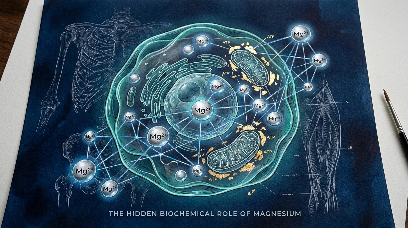 A conceptual mixed-media illustration of a human cell with magnesium ions acting as catalysts for energy and bone structure.