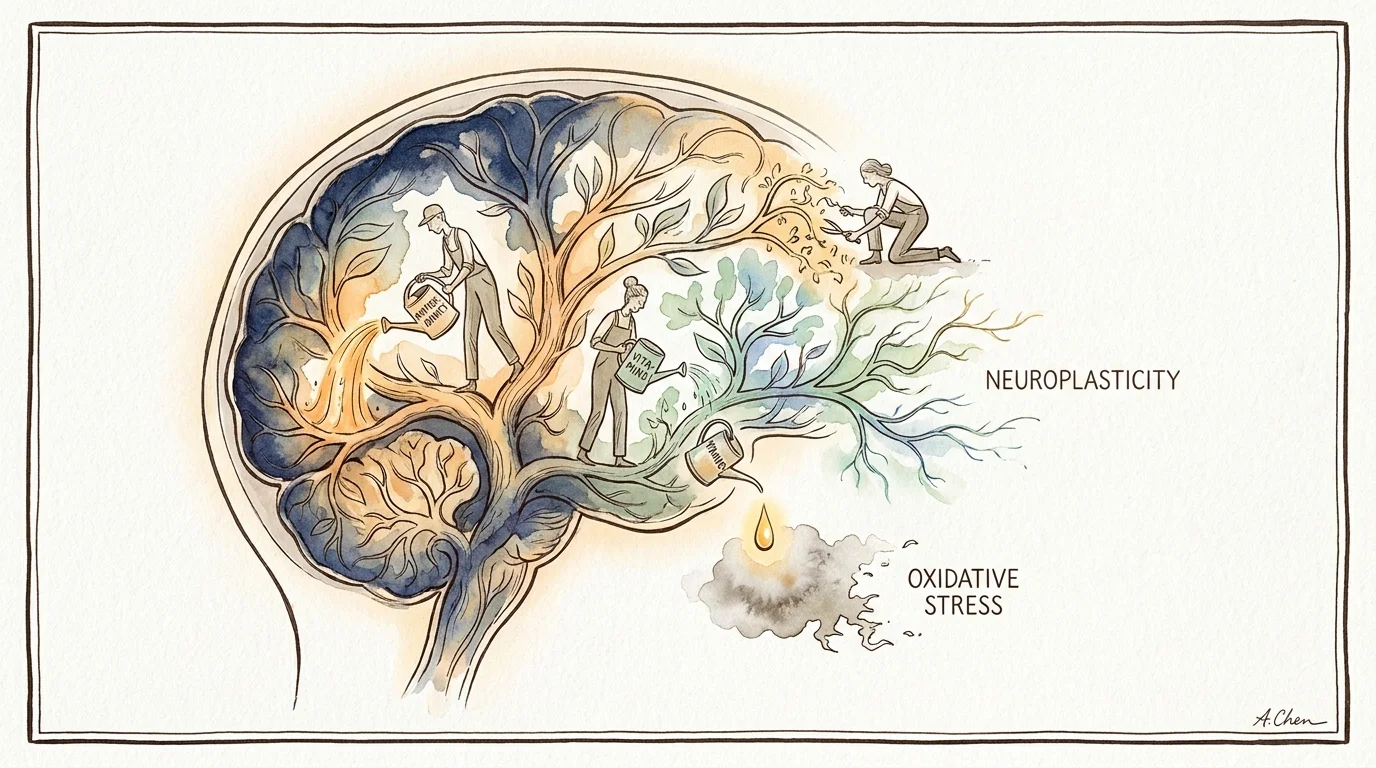 A conceptual watercolor illustration of a human brain as a garden being nourished by vitamins and antioxidants.