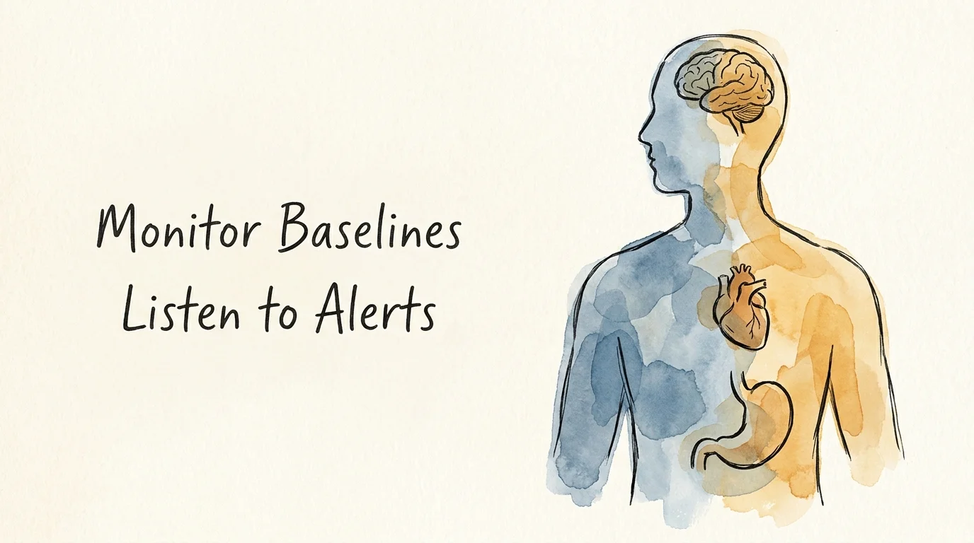 A conceptual watercolor illustration of a human silhouette with icons highlighting areas for health monitoring.