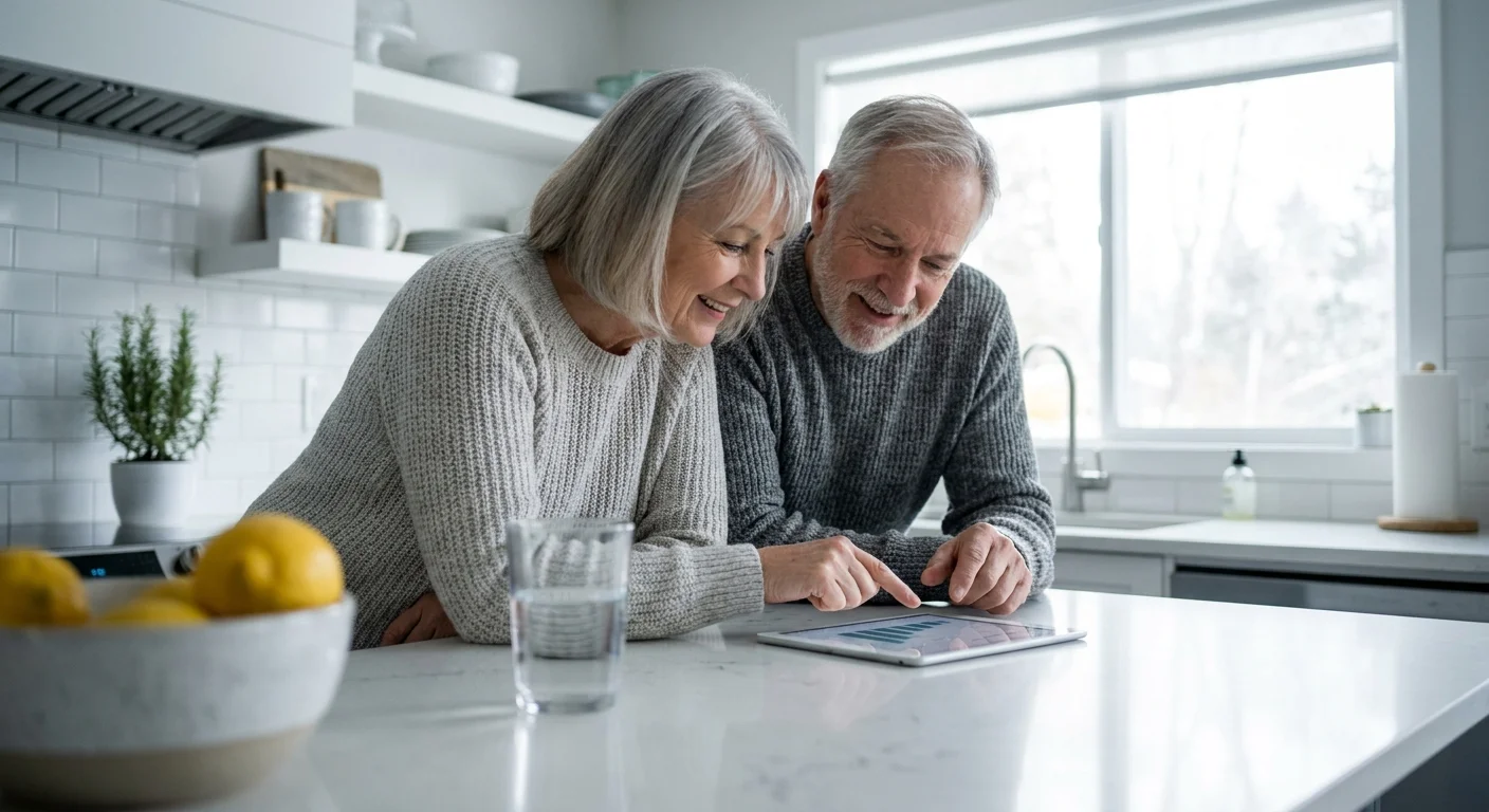 A couple in their 60s looking at a tablet together in a bright kitchen, appearing engaged and proactive about their health.