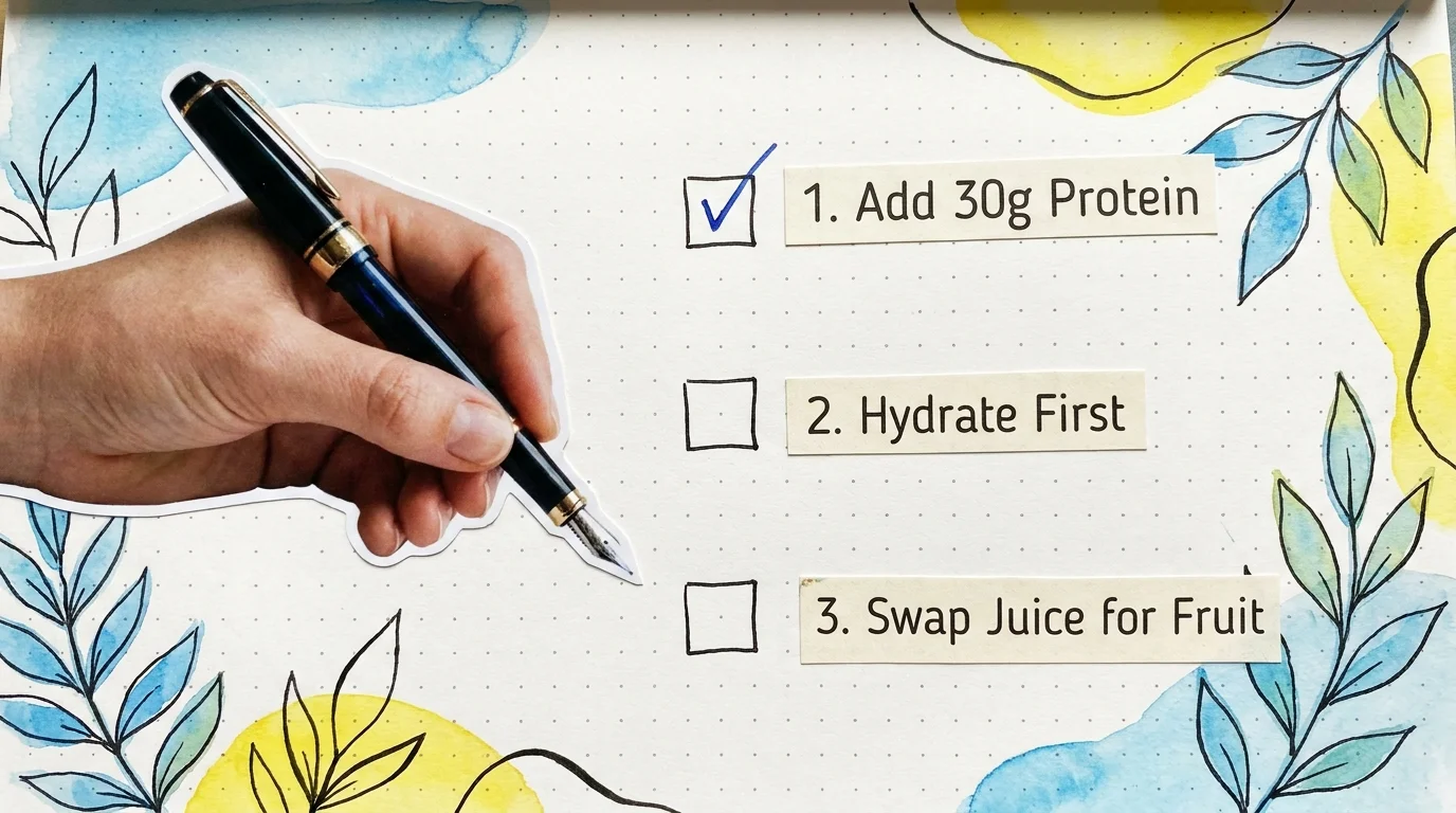 A creative checklist on dotted paper with steps like 'Add 30g Protein' and 'Hydrate First,' encouraging immediate action.