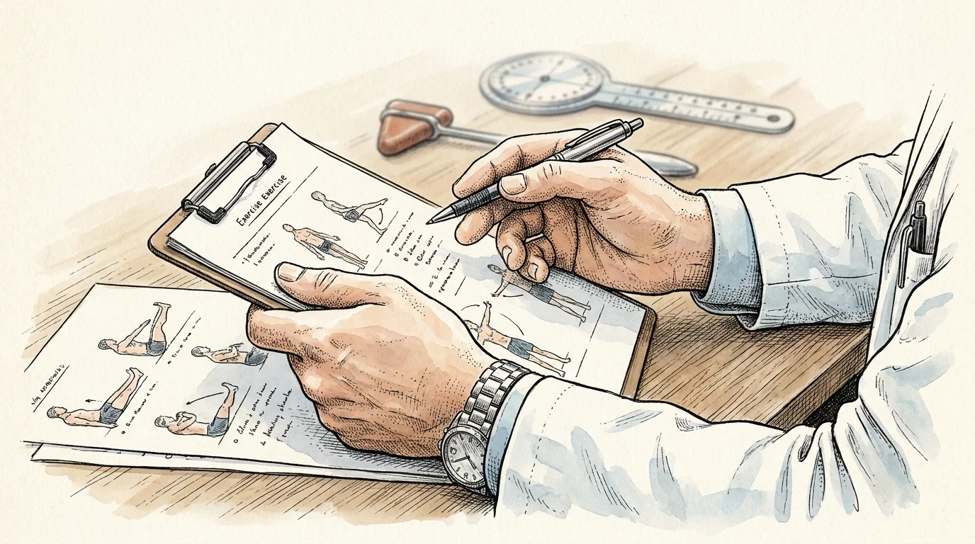 A detailed ink and watercolor illustration of a doctor's hands gesturing over a medical chart.
