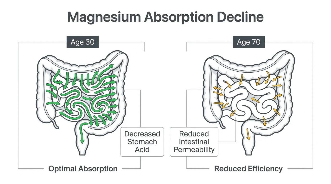 A diagram comparing the high magnesium absorption efficiency of a 30-year-old versus the reduced efficiency of a 70-year-old.