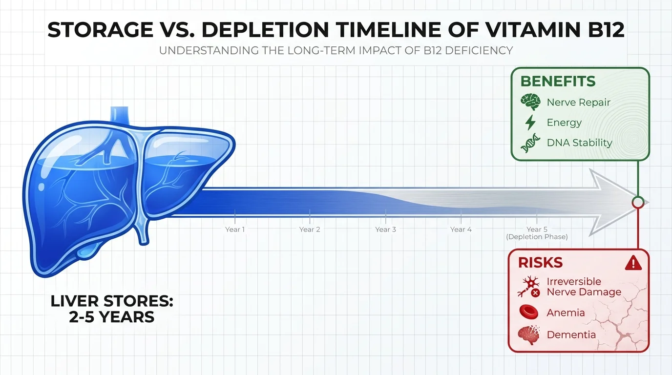 A diagram comparing the long-term storage of B12 in the liver against the severe risks of long-term depletion.