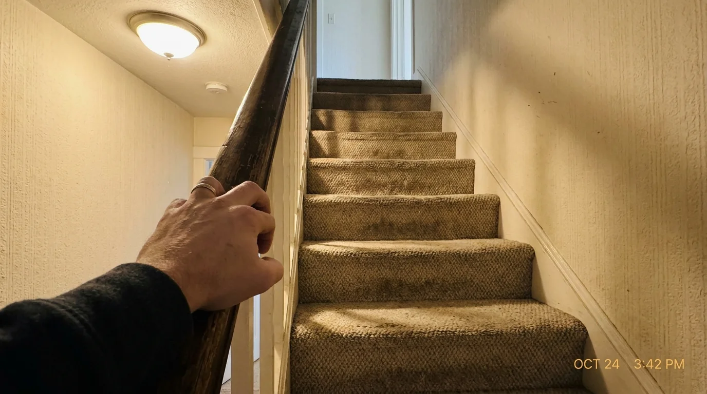 A first-person view of a hand gripping a staircase banister while looking up the stairs.