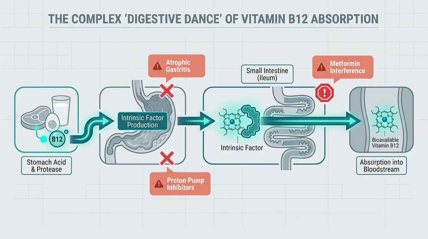 A flowchart showing how aging and certain medications like metformin can disrupt the absorption of Vitamin B12 in the digestive tract.