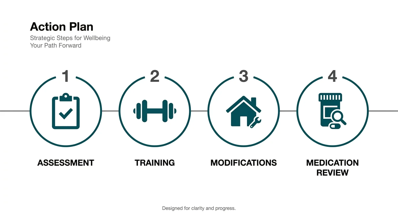 A four-step horizontal infographic showing a practical action plan for managing senior mobility.