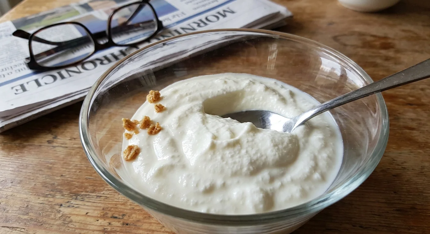 A glass bowl of thick Greek yogurt with a scoop removed, shown on a breakfast table with a newspaper.