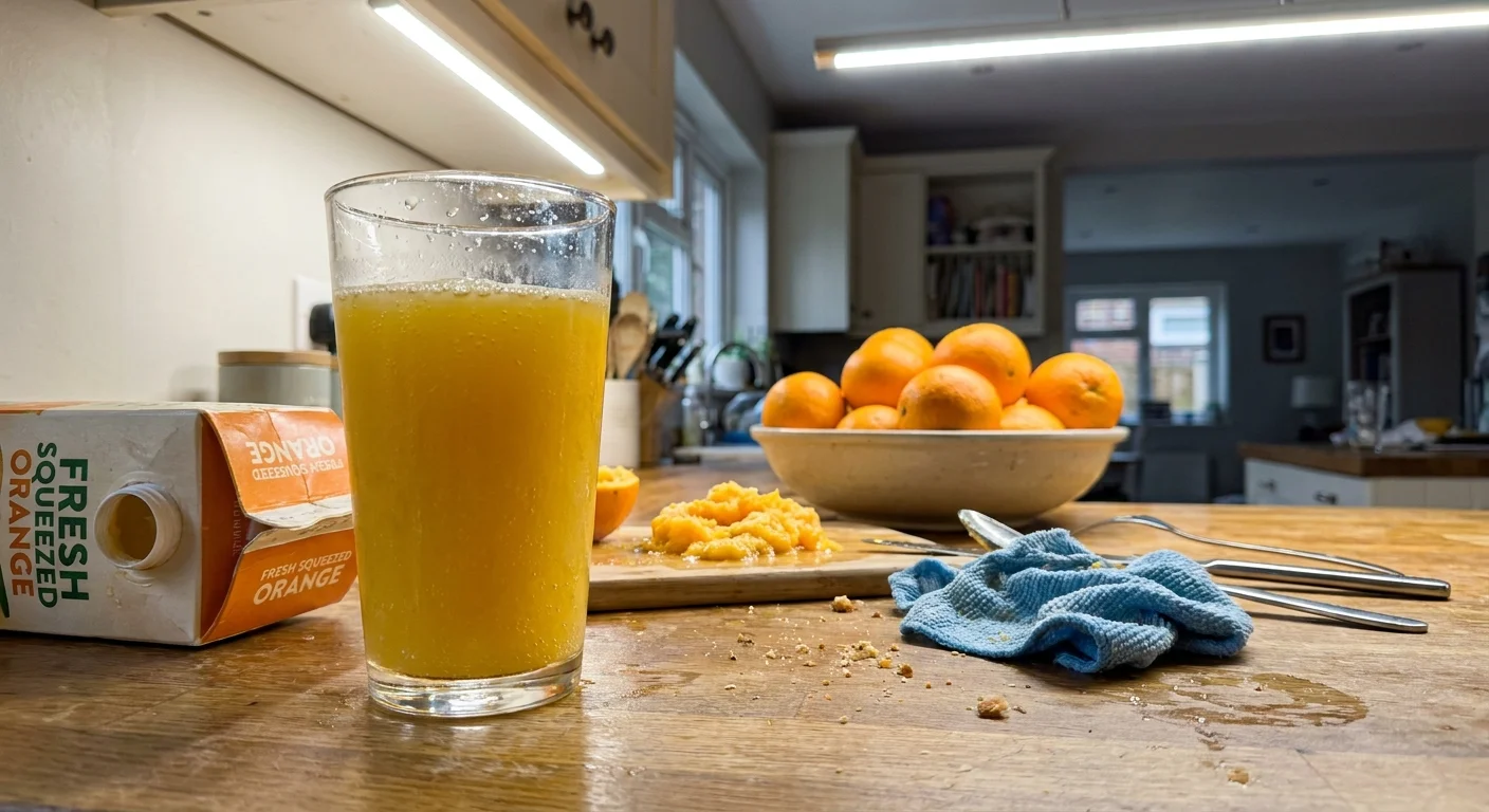 A glass of orange juice on a kitchen counter next to whole oranges, highlighting the loss of fiber in liquid form.