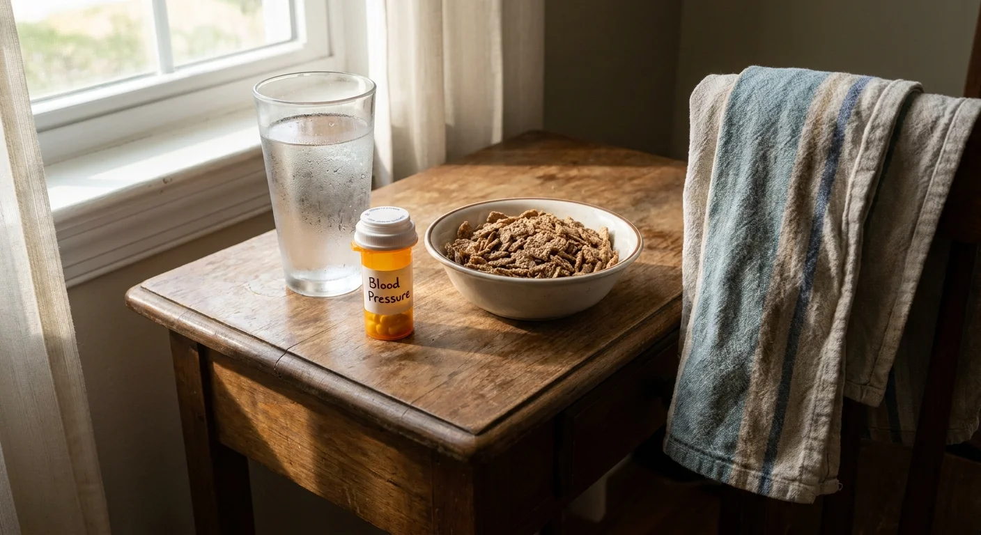 A glass of water, a blood pressure medication bottle, and fiber-rich food on a table in soft morning light.