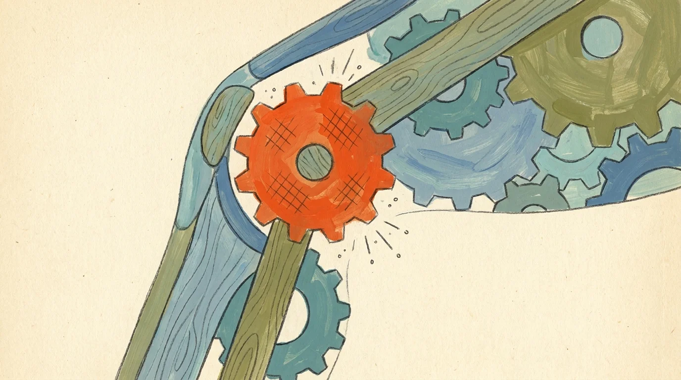 A graphic gouache illustration of a knee joint stylized as interlocking gears, with one gear highlighted in orange.