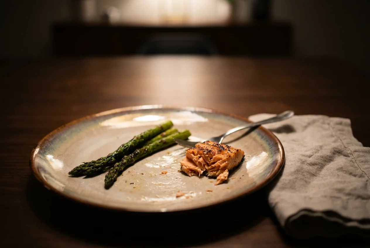 A half-eaten healthy meal on a dinner plate, symbolizing the feeling of being full prematurely.