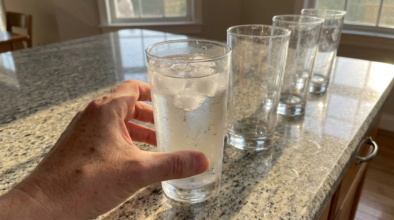 A hand reaches for a glass of water on a kitchen counter next to several other empty glasses.