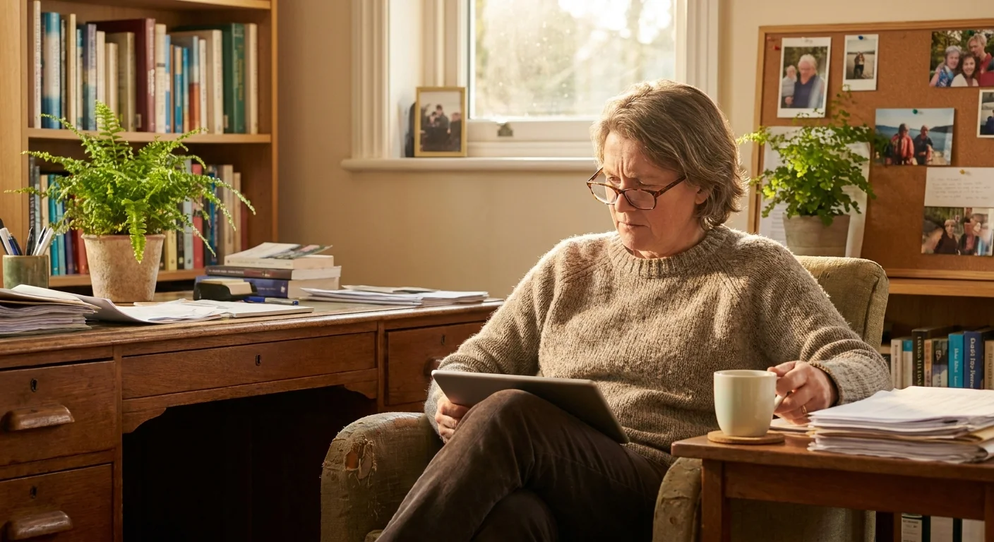A health professional in a casual setting looking thoughtfully at nutritional research.