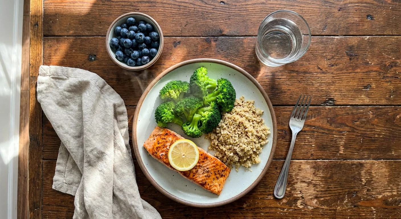 A healthy meal of salmon, broccoli, and quinoa on a wooden table, emphasizing high protein and nutrient intake.