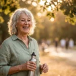 A healthy older woman laughing and walking in a sunny park, representing energy and independence through proper nutrition.