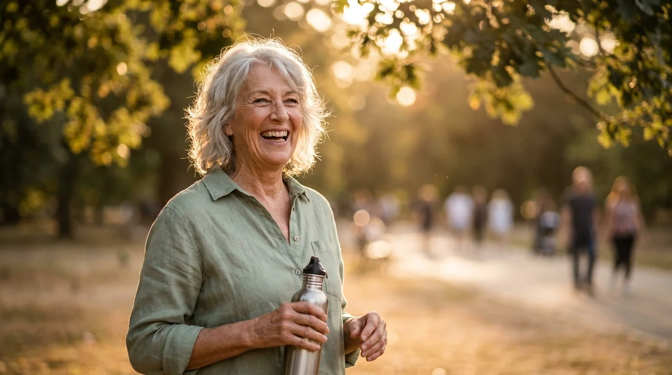 A healthy older woman laughing and walking in a sunny park, representing energy and independence through proper nutrition.