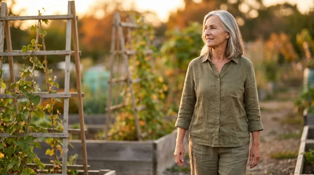 A healthy senior woman walking through a sunny garden, representing vitality and long-term health through proper nutrition.