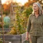 A healthy senior woman walking through a sunny garden, representing vitality and long-term health through proper nutrition.