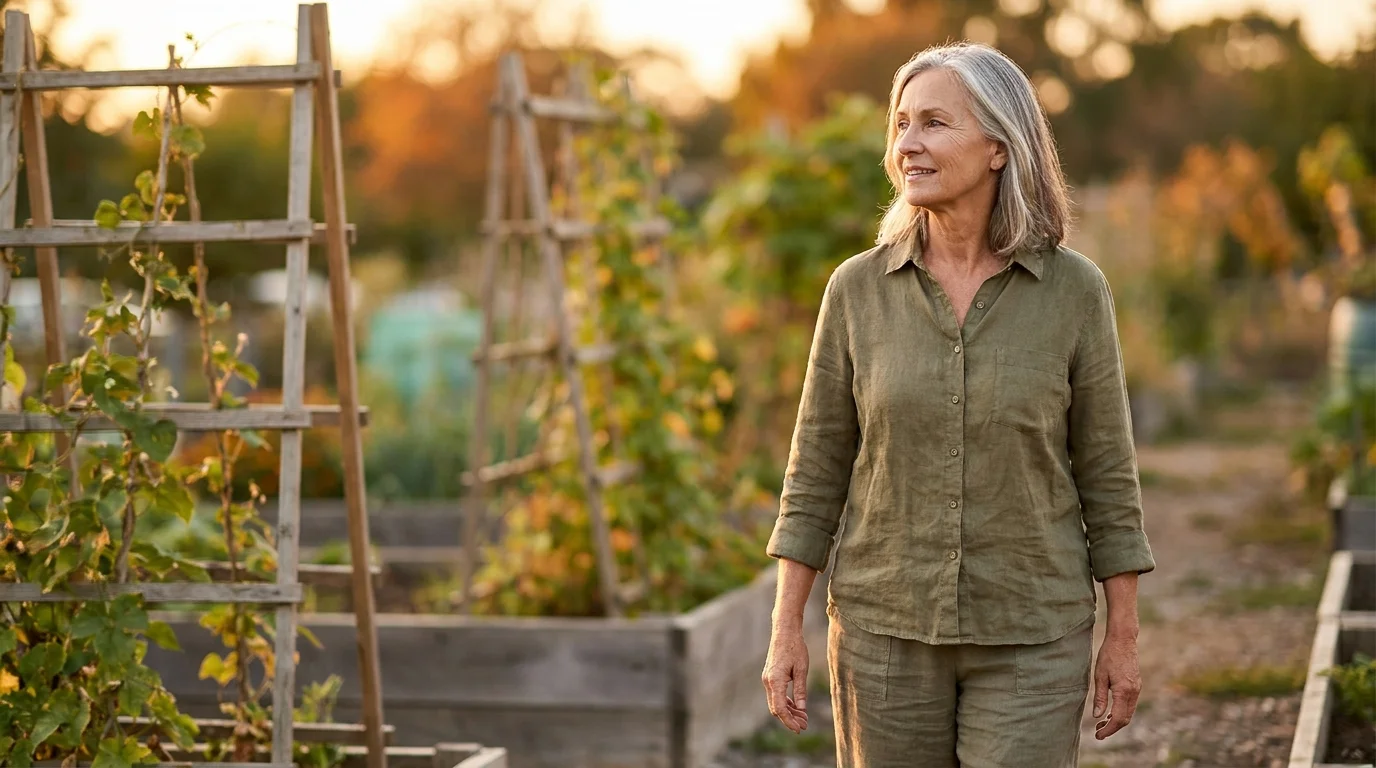 A healthy senior woman walking through a sunny garden, representing vitality and long-term health through proper nutrition.