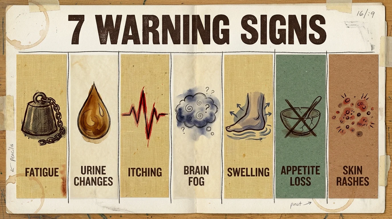 A horizontal multi-panel mixed media piece showing seven symbolic icons representing liver distress signals on different paper textures.
