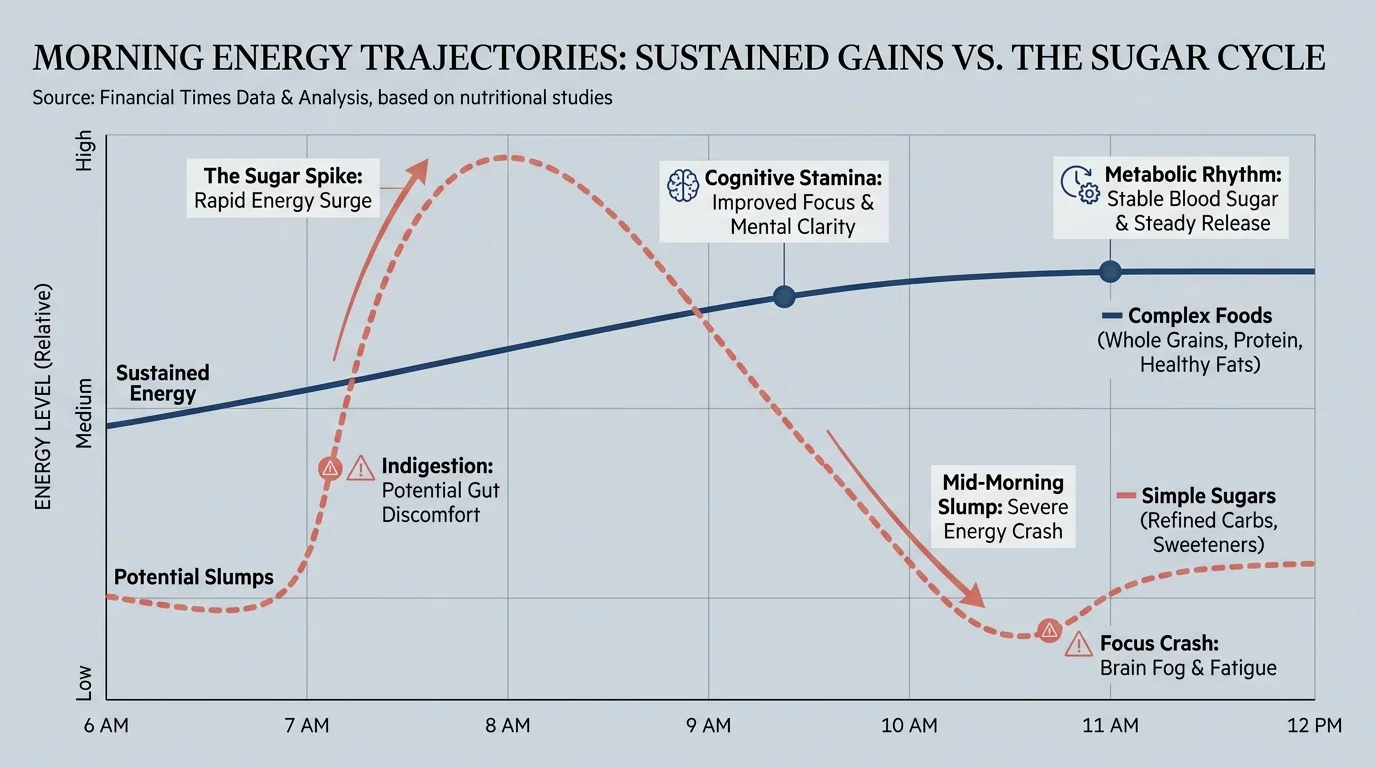 A line graph comparing the steady energy of complex carbs versus the spike and crash of sugary foods.