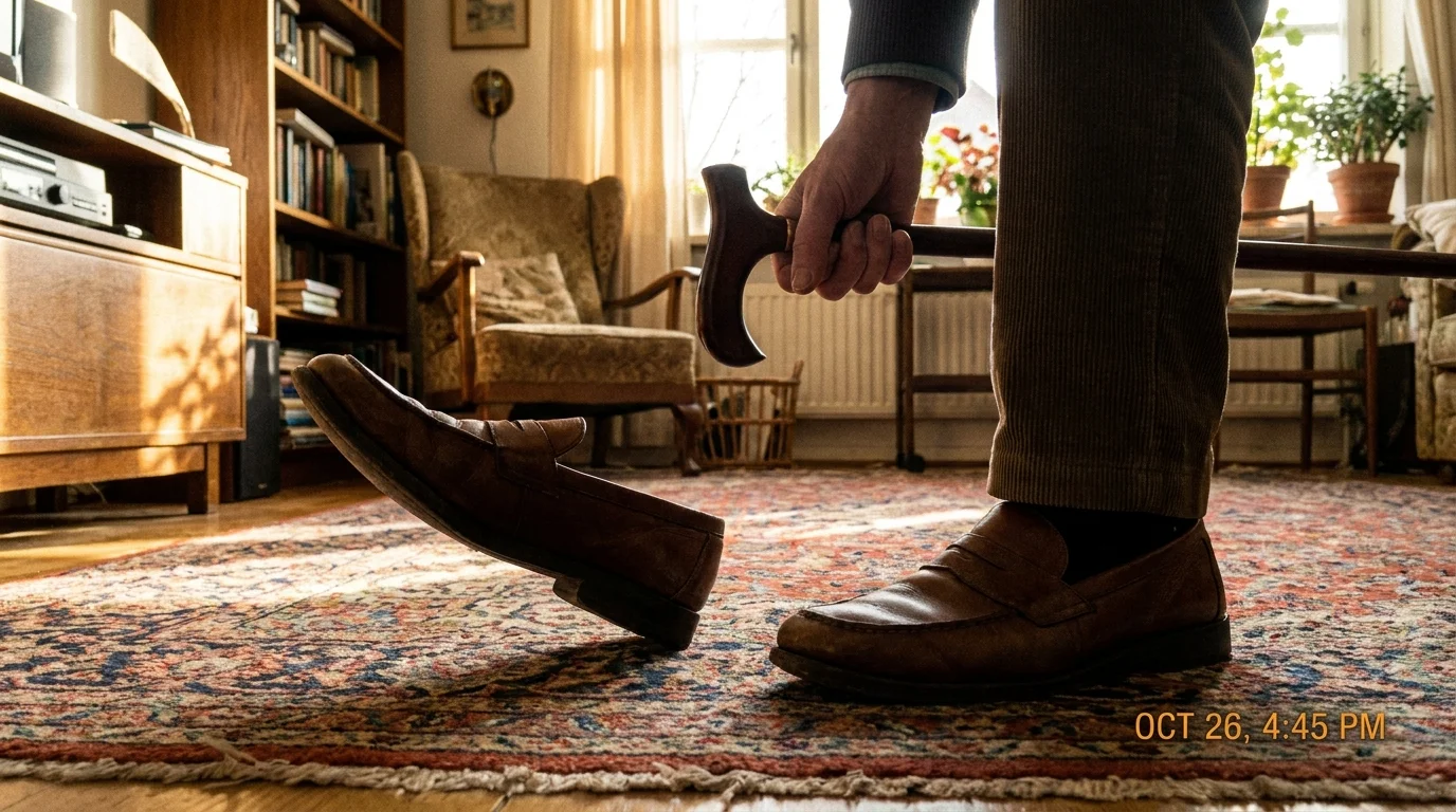 A low-angle photo of a person gripping a support while walking on a rug, illustrating changes in balance and mobility.