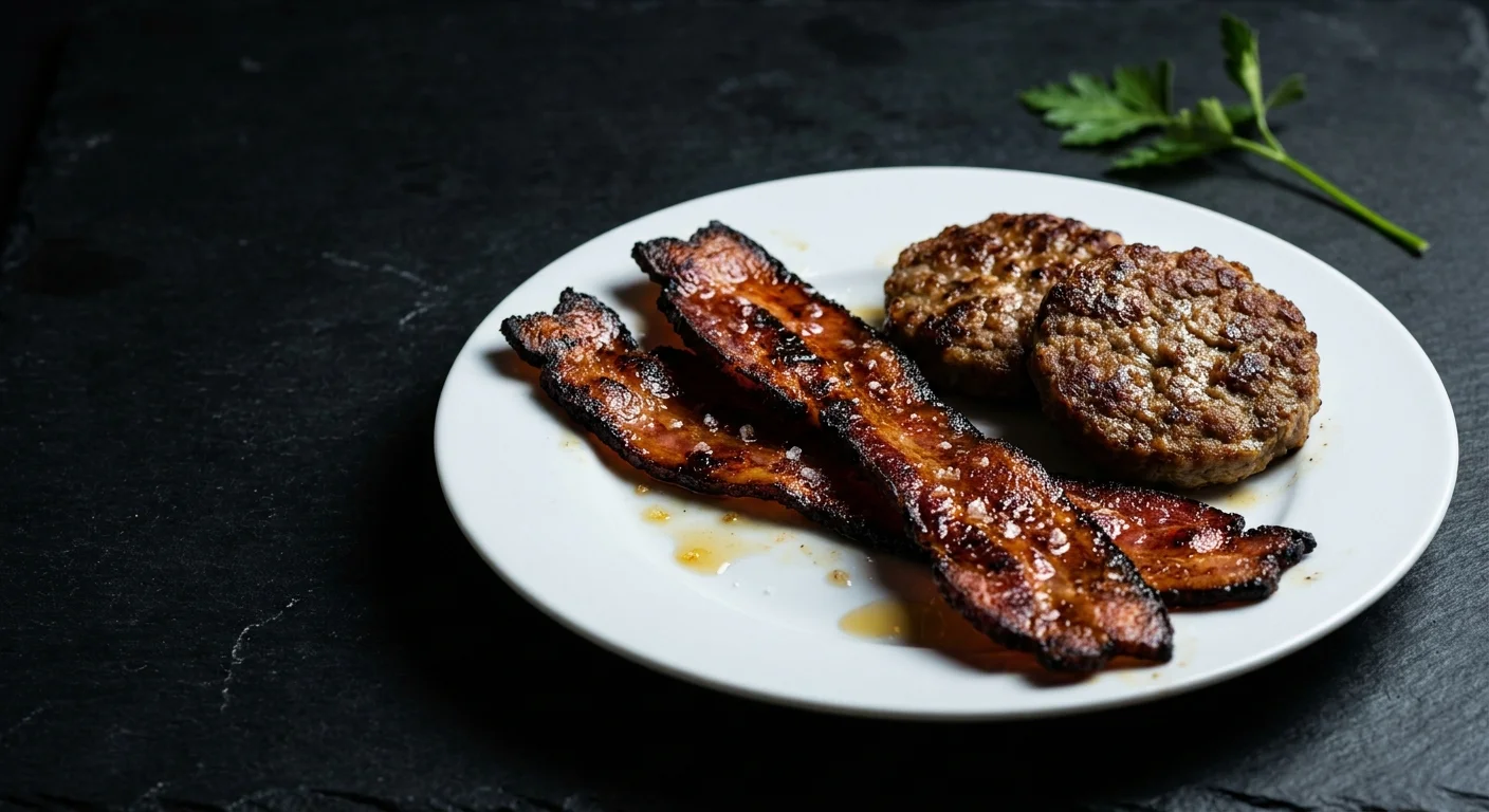 A macro photograph of greasy bacon and sausage on a white plate, highlighting the processed nature of these meats.