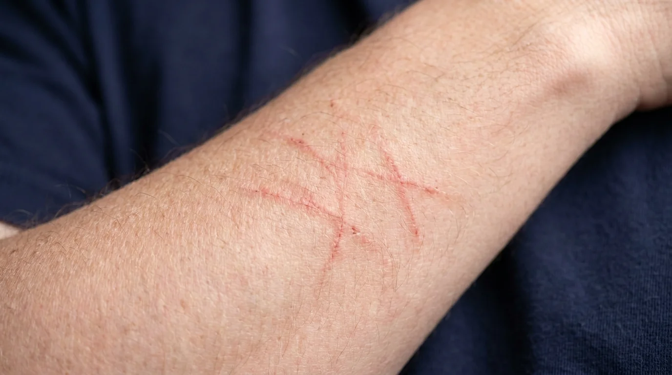 A macro photograph of skin on an arm showing subtle red scratch marks from persistent itching.
