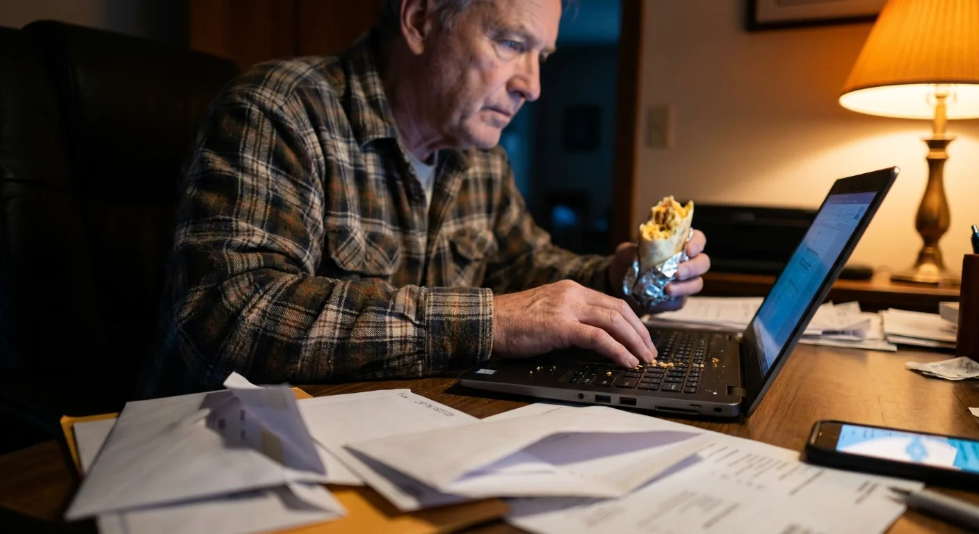 A man eats a breakfast burrito while distracted by his laptop and phone, illustrating the habit of eating too quickly.