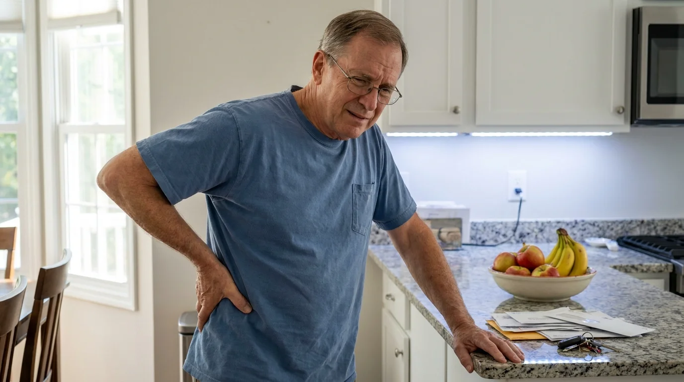 A man leaning against a kitchen counter with his hand on his side, capturing a moment of abdominal discomfort.