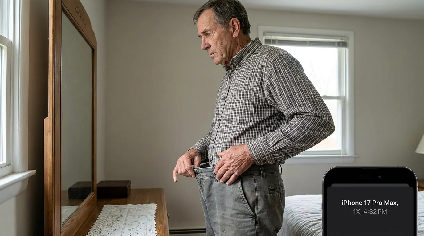 A man notices his pants are loose at the waist, illustrating the symptom of unexplained weight loss.