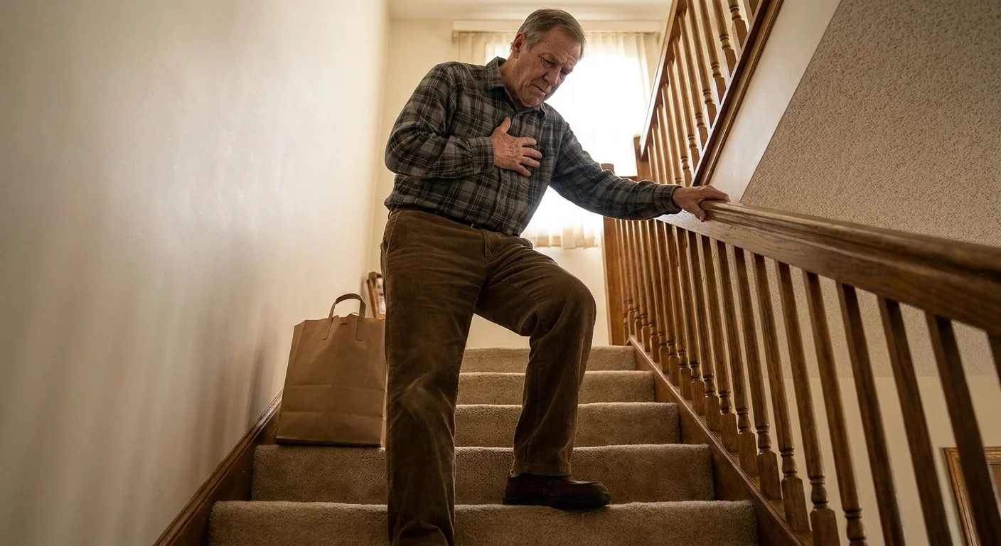 A man pauses halfway up a flight of stairs in his home, holding the railing and catching his breath after carrying a bag of groceries.