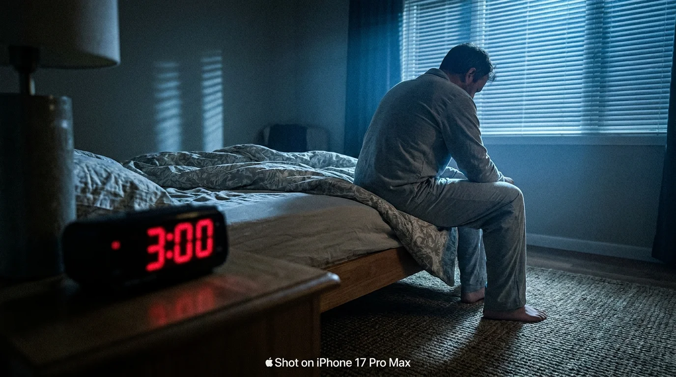 A man sits on the edge of his bed in a dark room at night, illustrating the exhaustion of frequent nighttime urination.