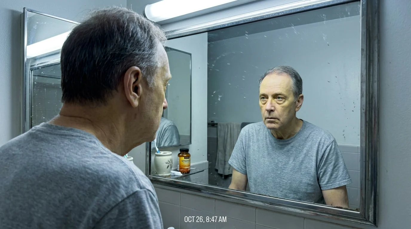 A man's reflection in a mirror showing pale skin with a slight yellow tint, a sign of jaundice caused by B12 deficiency.