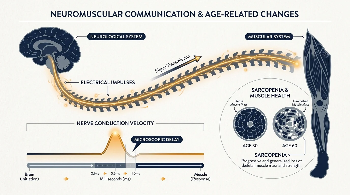 A medical diagram showing the communication between the brain and muscles, highlighting sarcopenia and nerve signal delays.