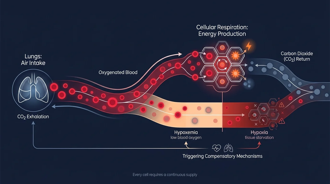 A medical diagram showing the process of cellular respiration and the stages of oxygen deficiency from hypoxemia to hypoxia.