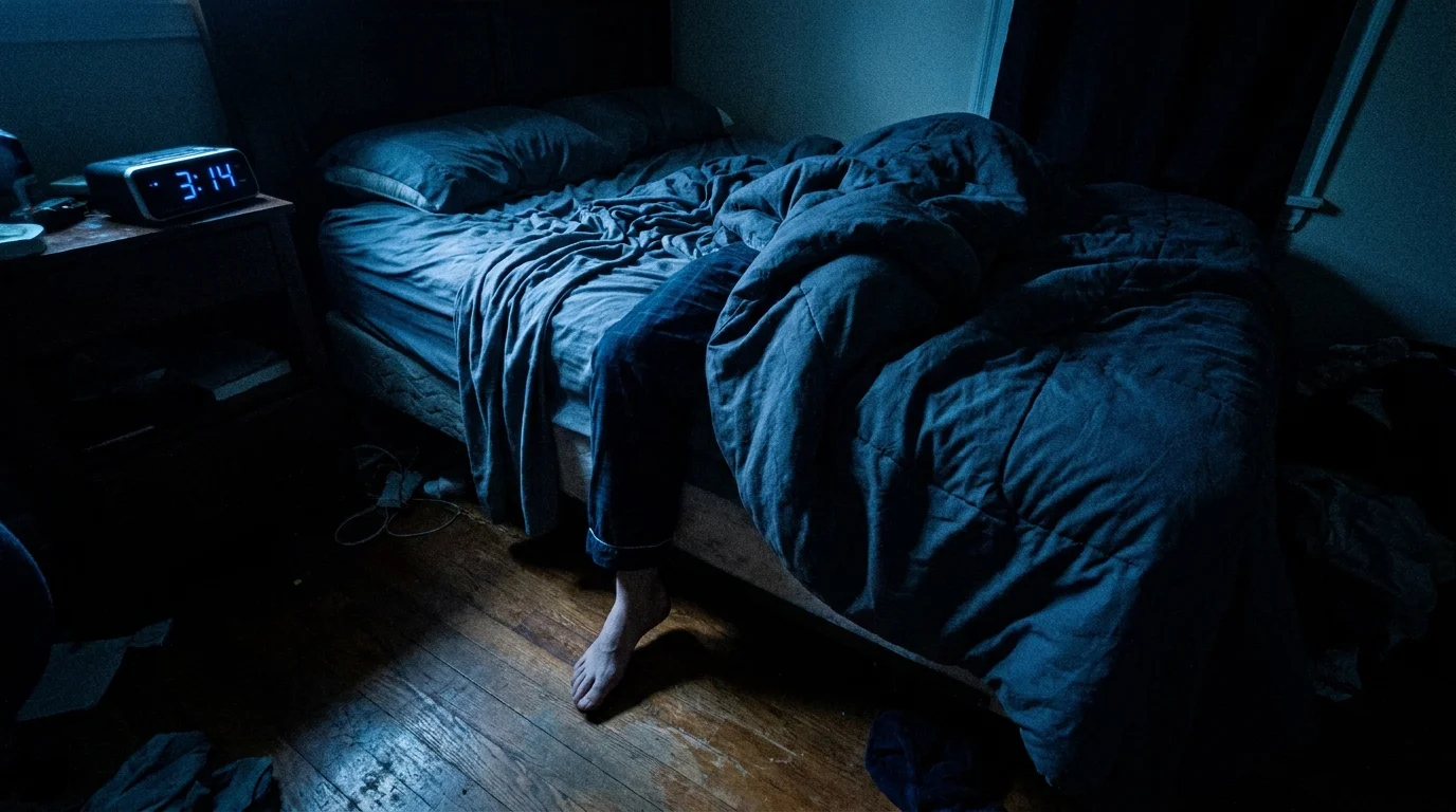 A messy bed with tangled sheets in a dark room at 3:14 AM, reflecting a night of restlessness and insomnia.