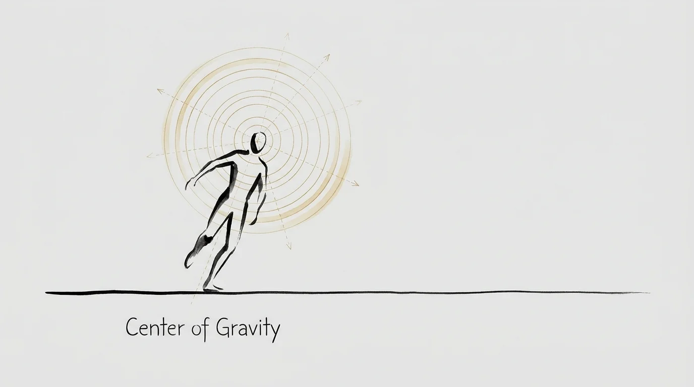 A minimalist ink drawing of a person tilting slightly, with golden geometric circles representing balance.