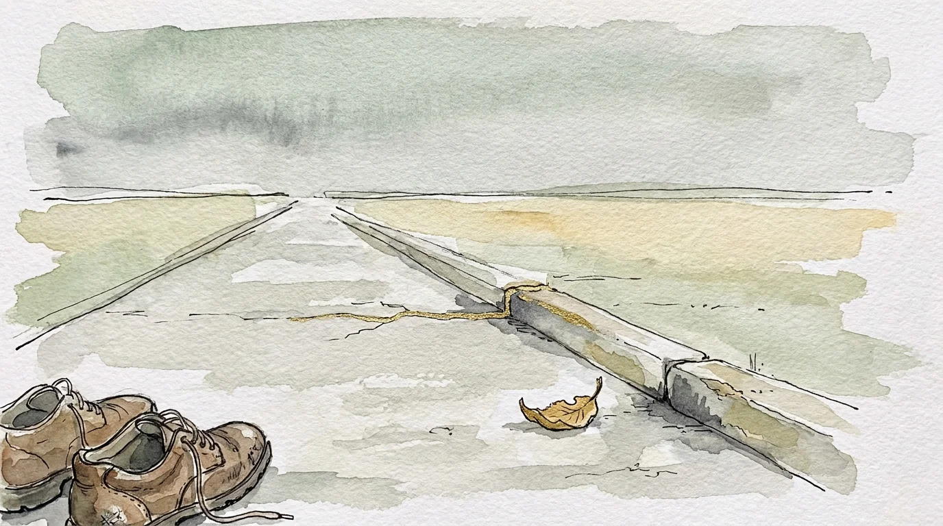 A minimalist watercolor illustration of a walking path with subtle obstacles highlighted in gold.
